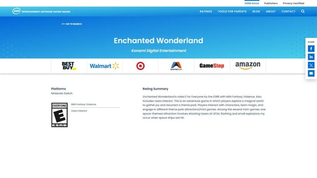 科乐美新作Enchanted Wonderland通过评级，将登陆Switch